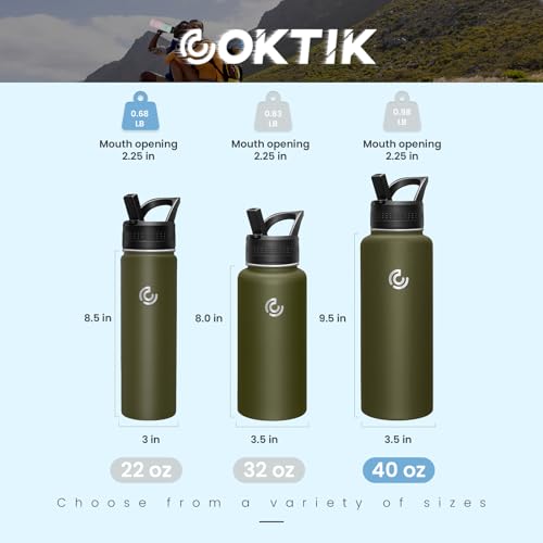 COKTIK 40oz Sports Water Bottle, Stainless Steel Water Bottle for Insulated, Reusable Travel Bottle, With Straw, With Handle Grip for Easy Carrying, Suitable for Cycling, Outdoor Vacations(Army Green) - color: Army Green, size: 40 Ounces