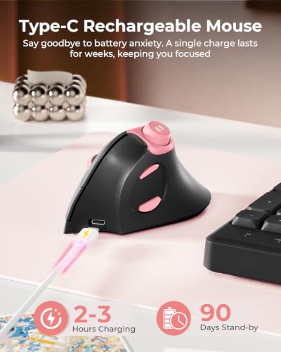 seenda MOU-302 Wireless Bluetooth Ergonomic Vertical Mouse with Volume Knob | Rechargeable 3-device mice for small/medium hands with quiet clicks, 1000/1600/2400 DPI for PC, laptop, MacBook, Black Pink - color: Black Pink
