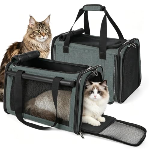 YUDODO 2 Packs 25 lbs Soft Sided Pet Carrier for Large Cat & Small Dog | Airline Approved, Lightproof Breathable Design, Side Pockets, Durable Mesh, Foldable and Portable, Grey green*2 - color: Grey green*2