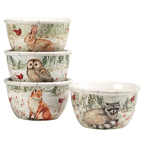 Winter’s Walk Set of 4 Ceramic Ice Cream Bowls – Perfect for ice cream, fruit, or snacks, these nature-inspired bowls feature forest animals in a tranquil snowy landscape 5.25"