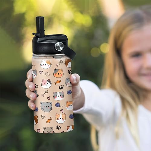 SANDJEST Kids Water Bottle Cat Water Bottles 12oz with Straw Insulated Stainless Steel Travel School Tumbler Double Wall Vacuum Cup for Girls Kid Boys - color: Cat 2
