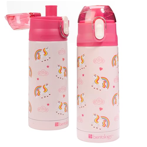 Bentology Stainless Steel 13 oz Unicorn Insulated Water Bottle for Girls – Easy to Use for Kids - Reusable Spill Proof BPA-Free Water Bottle | Double Wall Insulated, Spill Proof Lid W/Built-in Straw- Keep Liquids Hot or Cold- Easily Fits in Lunch Boxes &