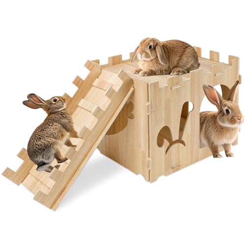 YUEPET Wooden Rabbit Castle with Ramp, Bunny Castle & Rabbit House Hideout | Large Bunny House with Ramp, Poplar Plywood Panels, Tool-Free Assembly, 16 Rubber Rings, Indoor Rabbit Hideaway - size: Rabbit Castle+Ramp