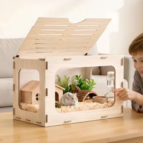 VEVOR Wooden Hamster Cage 23.8"x15.9"x15.9" 270° Viewing Hamster Habitat, Chewproof Small Animal Cage with Openable Top, Large Pet House Wood Enclosure for Syrian/Dwarf Hamsters, Guinea Pigs, Gerbils - size: 23.8"L x 15.9"W x 15.9"H