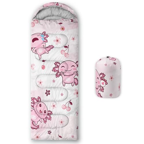 QOOMO Axolotl Cute Camping Sleeping Bags,3 Season Warm & Cool Weather,Lightweight,Waterproof Sleeping Bags for Adults & Kids,Traveling,and Outdoors - color: Axolotl Cherry C9