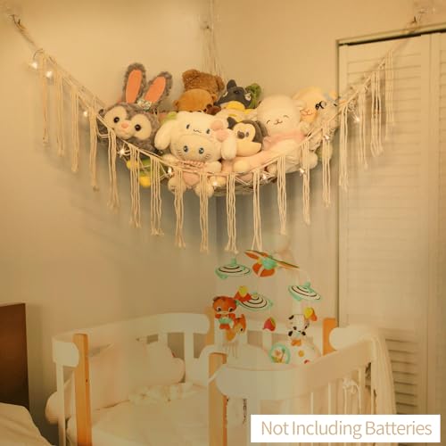 Stuffed Animals Net or Hammock with LED Light, 59 inch Toy Hammock Net for Stuffed Animals Corner Hanging Stuffed Animal Storage Stuffed Animal Holder for Nursery Kids Bedroom (White)