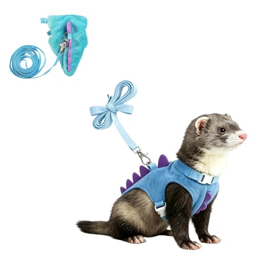 Ferret Harness and Leash Set Cute Dinosaur Design Soft Mesh Small Pet Harness Vest with Safe Bell Walking Clothes for Small Animals Ferret Rabbit Guinea Pig Squirrels (Blue) - color: Blue
