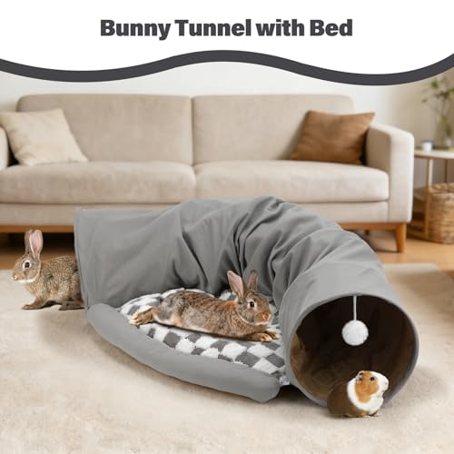 BWOGUE Bunny Tunnel Bed, 2-in-1 Rabbit Tunnel Hideout with Mat, Gray | Removable Mat for Washing, Ball Toy for Play, Tunnel Tubes for Hiding, Soft Suede Fabric, Cats Rabbits Guinea Pigs - color: Gray