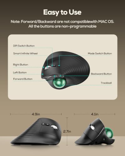Nulea Wireless Trackball Mouse Ergonomic Vertical Design Thumb Control | Rechargeable mouse with quiet clicks,4 DPI levels,3 device Bluetooth & USB receiver,smooth tracking,compatible with PC-Green - color: E-Green