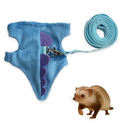 Harness and Leash Set for Small Pets, Dinosaur Shaped Vest Harness, Adjustable Soft Plush Vest with Bell for Guinea Pigs, Ferrets, Hamsters, Hedgehogs - Safe Outdoor Walking Adventure Gear,Blue