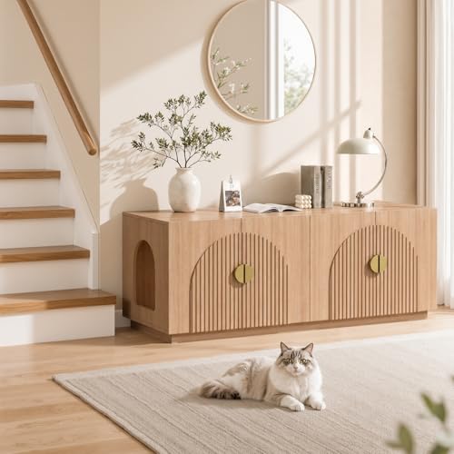 Amunrbrek Double Cat Litter Box Enclosure Furniture with Optional Divider - color: Natural Double