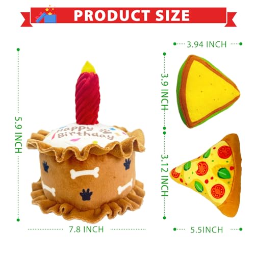 Dog Birthday Toys Set 3 Pack Cake Sandwich Pizza Plush Squeaky | Happy Barkday Gift for Small Medium Large Dogs Cuddle Interactive Chew Soft Stuffed Puppy Christmas gift with Crinkle - style: Cake Shape