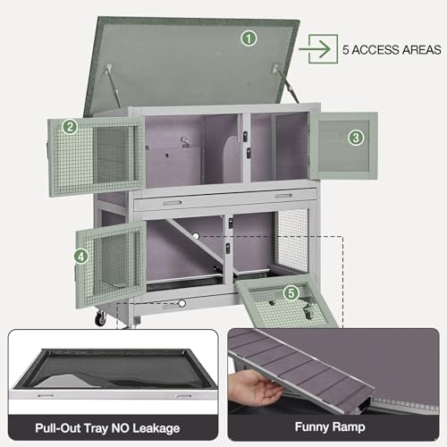 Rabbit Hutch with Trap Door Indoor Rabbit Cage with 4 Casters Bunny cage 2 Story & 2 Trays Guinea Pig Cage 36 inchs Bunny Cage - color: Grey