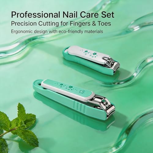 PAFASON Ultra Sharp Nail Clipper Set, Fingernail and Toenail Trimmer Cutter, Stainless Steel, Curved Blade, Sturdy, Nail Catcher, Nail Files for Men and Women - color: Light Green