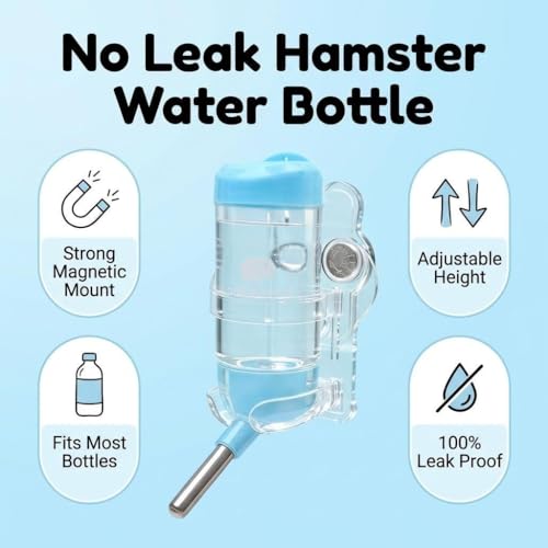 Strong Magnetic Hamster Water Bottle with Holder, 2.7oz No Drip Small Animal Water Bottle for Glass Tanks, Hamsters, Gerbils, Mice, Rats, BlueZ9476-5