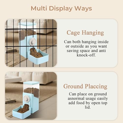 41 oz Hanging Gravity Feeder for Small Animals, Rabbits & Guinea Pigs | Adjustable Cage Height | No-Open-Cage Refill | Space-Saving | Clear Reservoir | Versatile Food Compatibility - color: Light Blue