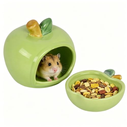 Ceramic Hamster Hideout & Food Bowl Set, Green | Apple-Shaped, Chew-Proof Sleeping Cave, Cooling Shelter Function, 2.9-inch Entrance, For Syrian Dwarf Hamsters, Mice - color: Green