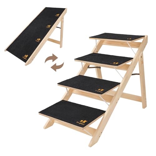Luciphia Wooden 2-in-1 Dog Stairs, 4-Step Foldable Anti-Slip Pet Steps | For beds, cars, and couch, supports up to 220lbs, ideal for small, aged, and injured dogs and cats, indoor and outdoor use