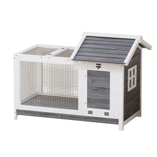 Garvee Wooden Rabbit Hutch Indoor and Outdoor, Rabbit Cage with Removable Wire Netting, Weatherproof Bunny Cage with Anti-Chew Metal Frame Ramp for Small Animals Grey