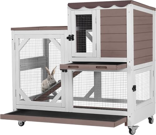 GUTINNEEN Rabbit Hutch Indoor Outdoor 2 Story Bunny House on Wheels Wood Rabbit Cage with 2 Pull Out Trays Guinea Pig Cage - size: 39.3"L Rabbit Hutch Brown