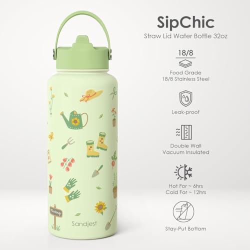 Gardening Gift for Women, Water Bottle Stainless Steel 32oz with Lid & Straw, Plants Lover Insulated Bottles Gifts for Girls Friends Teens Birthday Christmas - color: Gardening