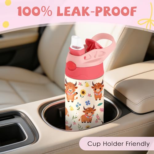Highland Cow 12 oz Water Bottle with Straw – Kids Stainless Steel Vacuum Insulated Cup, Leakproof Pop-Up Spout, Reusable Travel Mug for Boys and Girls Outdoor Sports - color: Cow1