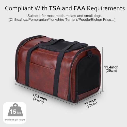 Fashion Dog Carrier Pet Carrier Airline Approved Cat Carrier for Small Dogs Cats Under 15 Lbs, Vegan Leather Collapsible Soft Sided Travel Puppy Carrier - color: Coffee