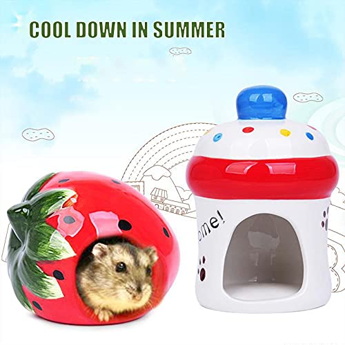Besimple Hamster Hideout, Small Animal Hideout Ceramic Pet House, Adorable Shape Hamster House Cave Mini Hut Cage Critter Bath House for Chinchilla(Strawberry)