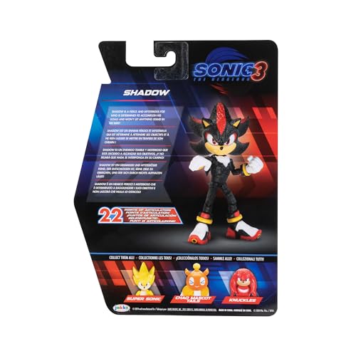 Sonic 3 Movie Action Figures 5-Inch Shadow Collector Toy Figure, Highly Articulated for Boys Girls - Officially Licensed Sonic The Hedgehog 3 Movie Product | Sonic The Hedgehog Movie 5 Inch Action Figure Wave 2 - Shadow (Grin Mouth)