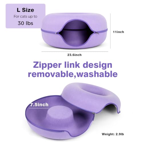 Cat Tunnel Bed for Indoor Cats with 3 Toys, Scratch Resistant Detachable and Washable Large Donut Cat Bed, Available in All Seasons (Purple, L(24x24x11)) - color: Purple