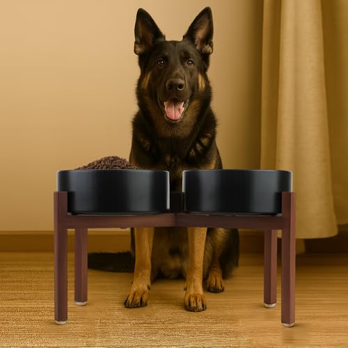 SPUNKYJUNKY Raised Ceramic Dog Bowls Set with Non-Slip Acacia Wood Stand for Large Sized Dog(60.87 OZ, Black) - color: Black, size: 60.87 Oz