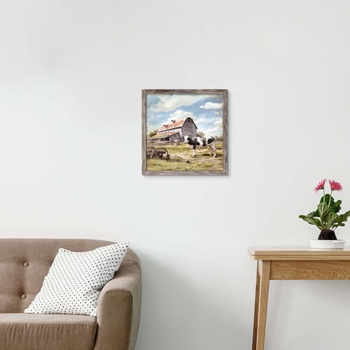 Farmhouse Barn Wooden Wall Art: Farmed Animal Print Picture Rustic Farm Cow Painting Country Landscape Artwork Decor for Bathroom Living Room Kitchen 12 x 12 Inches - color: Barn Cow, size: 12L" x 12W"
