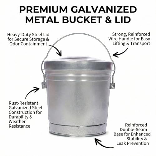 Galvanized Steel Locking Lid Storage Can, 6 Gallon, Heavy Duty Metal Pail for Bird Seed, Dry Pet Food, Charcoal Ash, Rodent Proof, Rust Resistant with Wire Bail Handle