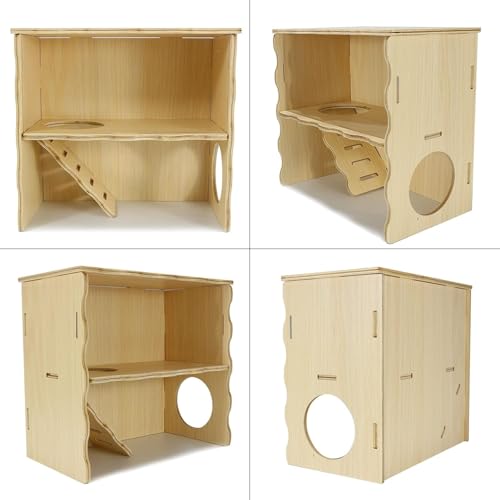 Double-Decker Hamster Hides, Wooden Hamster Hut, Syrian Hamsters Hideout with Acrylic Panel for Clear Observation, Detachable Gerbil Mouse House with Installation Instruction
