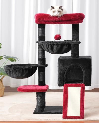 Hey-brother Cat Tree Tower With Large Bed, Hammocks, Scratcher, MPJ006SBR - color: Black and Red, size: 35.4 inch