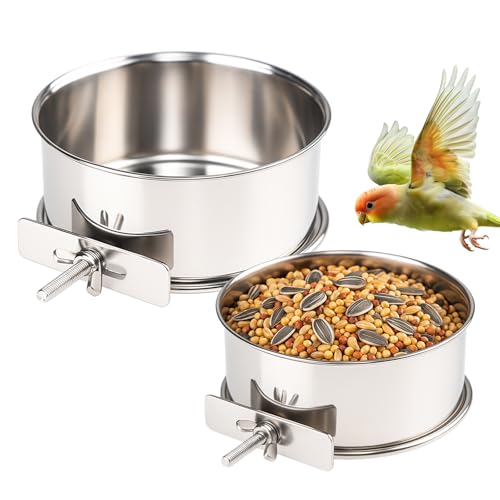 2 Pack Stainless Steel Bird Food Bowl Small Bird Feeding Dish Cups for Cage Parrot Food Bowl Cage with Clamp Holder for Parrots, Cockatiels, Small Animals (S+M) - size: S+M