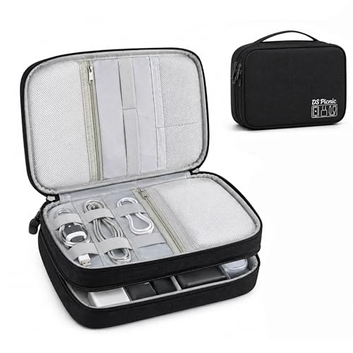 Electronic Organizer Travel Essentials Case, Waterproof Double Layer Cable Storage Pouch Bag for Charger, USB Cords, Power Bank, Phone Mouse SD Card Earphone Camera, Tablet (Up to 11 inch)