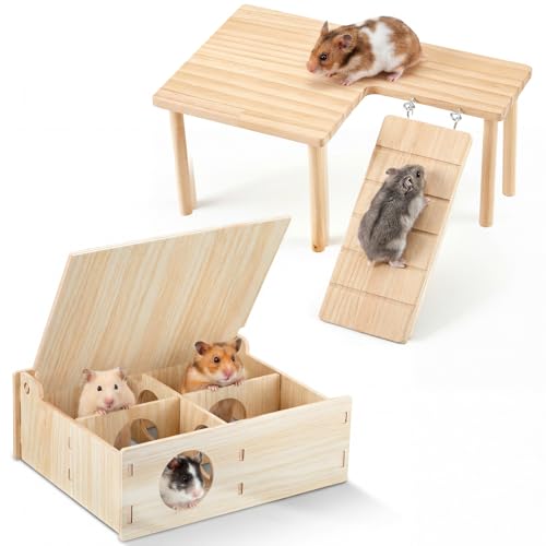 2 Pcs Natural Wooden Hamster Platform & Multi-Chamber Hideout, Flip-top Labyrinth Tunnel Cage Accessories for Syrian Dwarf Hamsters, Gerbils, Mice, Stress Relief Small Animal Habitat Decor