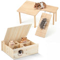 2 Pcs Natural Wooden Hamster Platform & Multi-Chamber Hideout, Flip-top Labyrinth Tunnel Cage Accessories for Syrian Dwarf Hamsters, Gerbils, Mice, Stress Relief Small Animal Habitat Decor