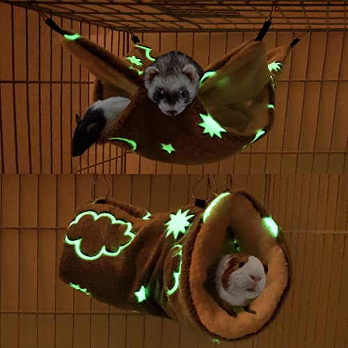 LEFTSTARER Noctilucent Luminous Guinea Pig Rat Hammock Bunkbed Hanging Tunnel and Soft Bed Mat for Ferret Hedgehog Squirrel Hideout Cage Accessories (1.Tunnel and Bunkbed Hammock) - color: 1.Cloud Hammok and Tunnel