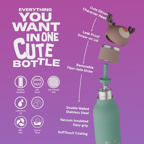 asobu Bestie Water Bottle, Cute Collectible Character, Leak Proof, BPA Free | 16 oz, Stays Cold 24 Hours, Double Wall Vacuum Insulation, Food Grade Stainless Steel, Spill Resistant, Great Gift Idea - color: REINDEER