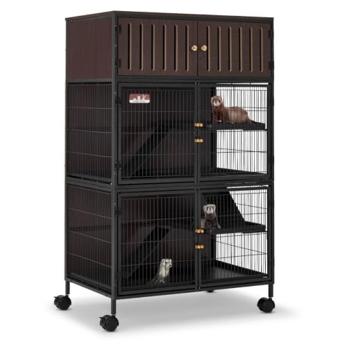 HABUTWAY 50" H Metal Large Ferret Cage, Rolling Chinchilla Cages with Removable Ramps & Double Door, Squirrel Cage with Locker, Small Animal Cages Wooden Pet Crate Furniture - color: Dark Brown, size: 30.0"L x 19.5"W x 50.0"H