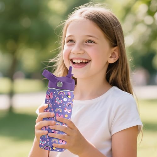Kids Water Bottle 16oz Purple Water Bottle with Straw, Butterfly (1pc) | Girls Stainless Steel Water Bottle BPA-Free Leak Proof Insulated Water Bottle Butterfly Gifts for Girl School Travel Birthday - color: Butterfly1, size: 16 Ounces