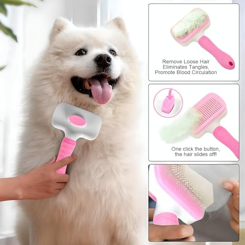 Generic Pink Cat grooming brush, Pet hair brush with Massage Particles, Self Cleaning Dematting Comb for Dogs and Cats, Easy to Use, Ergonomic Handle Design - color: Pink