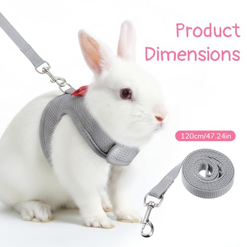 Bunny Harness and Leash Set, Cute Bow Rabbit Vest Soft Breathable Mesh Rabbit Leash and Harness Set Escape Proof Walking Gear for Rabbits, Ferrets, Kittens, Guinea Pigs, Grey M
