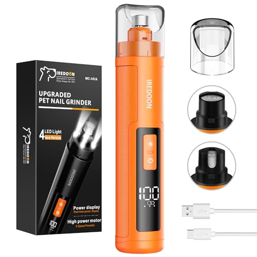 Dog Nail Grinder with 4 LED Lights, 3 Speeds Super Quiet for Pets | Low Vibration, Electric Pet Nail Grinder with 4 LED Light, Painless Paw Grooming & Smoothing for Small to Large Dogs (Orange) - color: Orange
