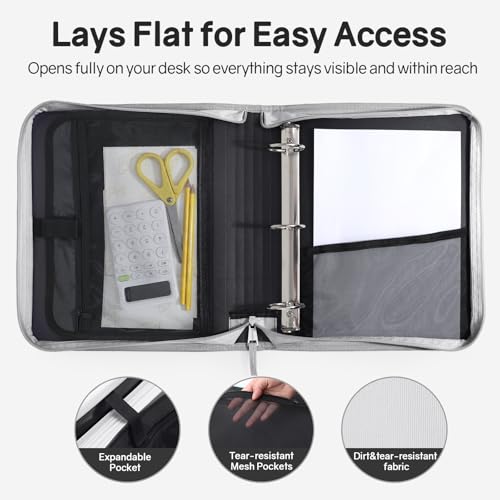SUNEE Zippered Binder Bag with Handle, 2-Inch 3-Ring O-Ring, 500-Sheet Capacity, Includes Zip Pocket, 5-Tab Expanding File Folder, Multi-Pocket Organizer Binder for Middle School, Light Grey - color: Light Grey