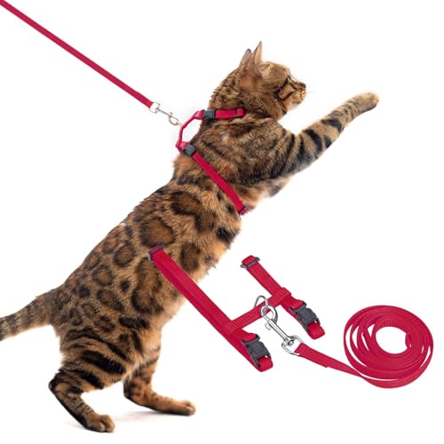 PUPTECK Adjustable Cat Harness and Leash Set Escape Proof Kitten Strap Collar for Walking Travel, Red, M - color: Red, size: Medium
