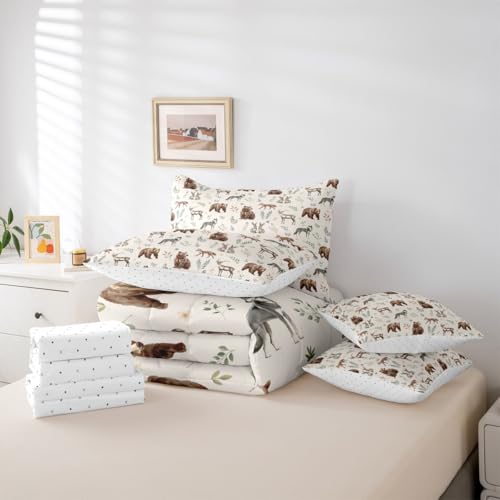 Erosebridal Woodland Animals 7 Piece Comforter Set Twin Size Bear Deer Hunting Theme Bedding Set for Kids Child Bedroom | Cartoon Rabbit Wolf Fox Wildlife Duvet Insert Rustic Cabin Lodge Decor Sheets - color: Brown Grey Green, size: Twin