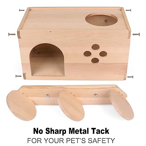 YKD Natural Birch Wooden Chinchilla House with Ladder | Ventilated Small Animal Hideout with Multiple Doors for Sugar Gliders, Squirrels & Small Pets